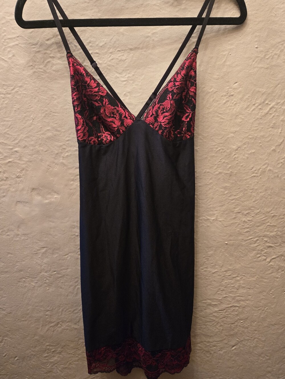 La Senza Black Red Lace Satin Slip Dress Chemise Lingerie S